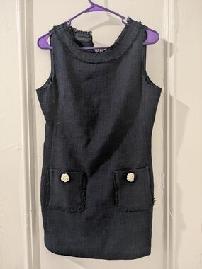 Karl Lagerfeld Navy Tweed Sleeveless Shift Dress with Ivory Flower Buttons